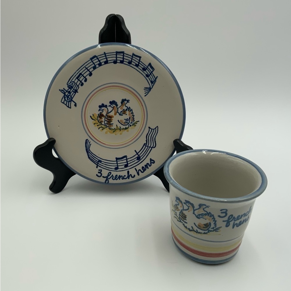 Louisville Pottery 3 FRENCH HENS Punch Cup & Saucer 12 Days of Christmas